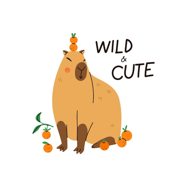 Capibara lindo Capibara gracioso animal exótico adorable con naranjas América del Sur mamífero relajante letra frase impresa o cartel roedor amistoso Ilustración vectorial plana aislada de dibujos animados