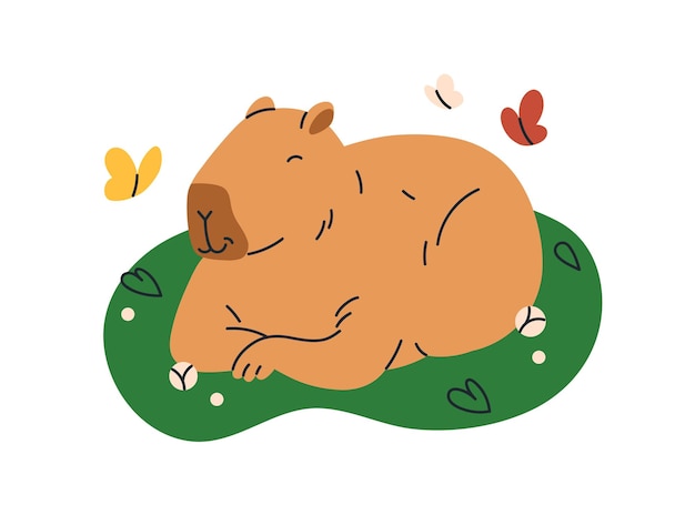 Capibara lindo y divertido durmiendo en la naturaleza Capy feliz durmiendo Capibara perezoso dulce animal capibara relajándose descansando en paz refrescante acostado en la hierba Ilustración vectorial plana aislada sobre fondo blanco