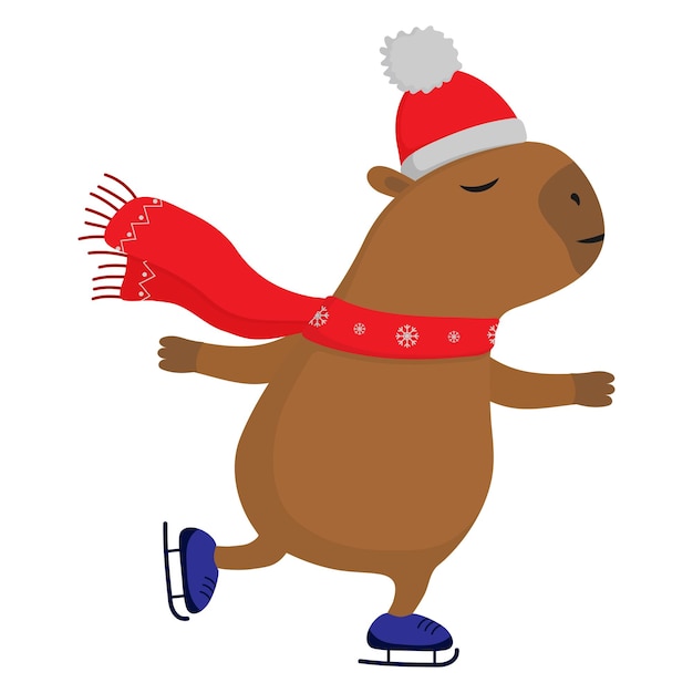 Capibara lindo patinando Animales de dibujos animados divertidos Ilustración vectorial aislada en fondo blanco