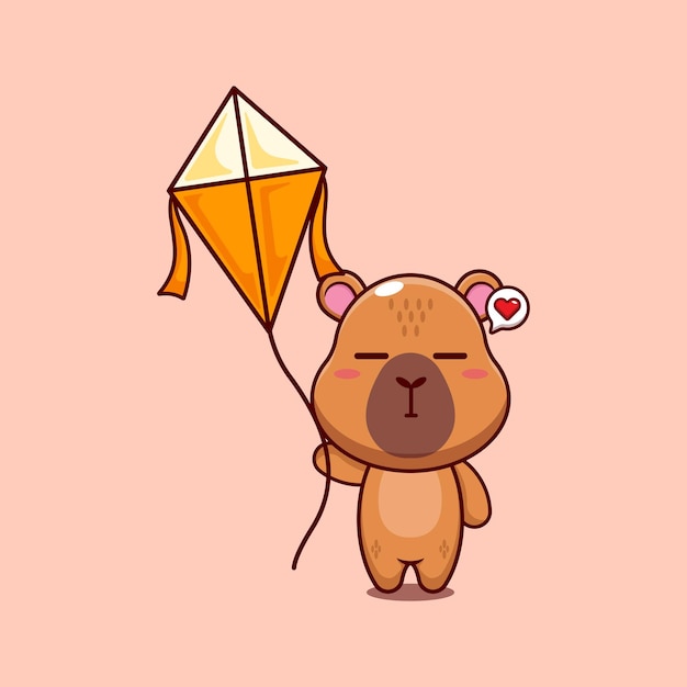 capibara mascota personaje de dibujos animados ilustración vectorial jugando cometa