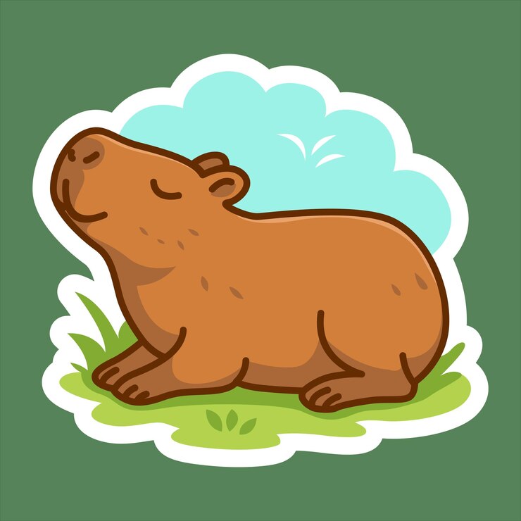 Vector un capibara relajado disfrutando de un momento de paz en un campo cubierto de hierba bajo un cielo azul suave