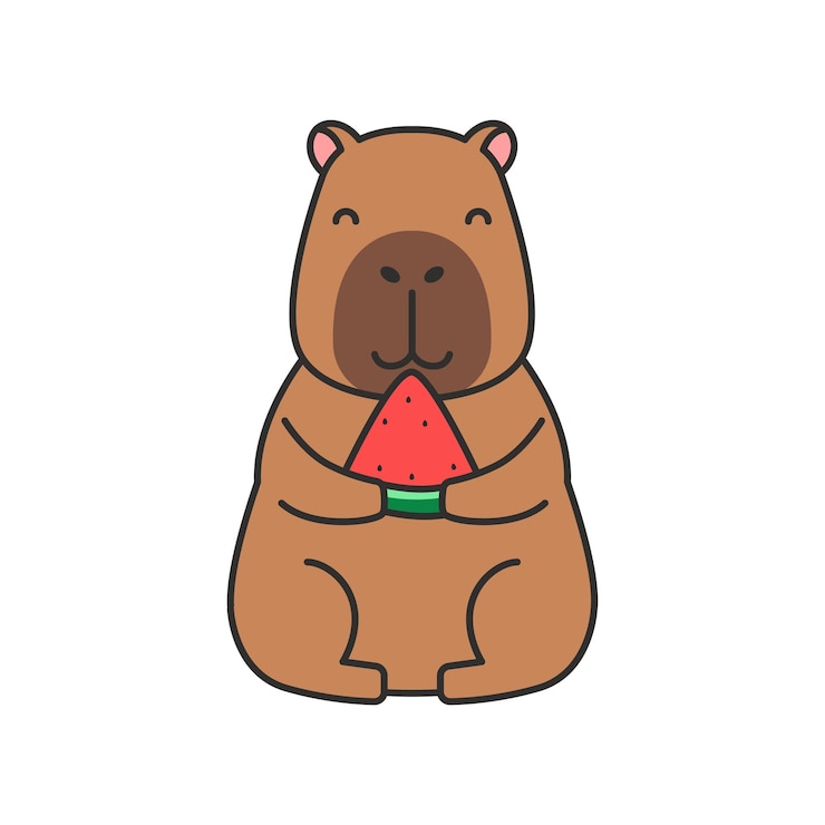 Vector capibara con sandía personaje de dibujos animados lindo ilustración vectorial