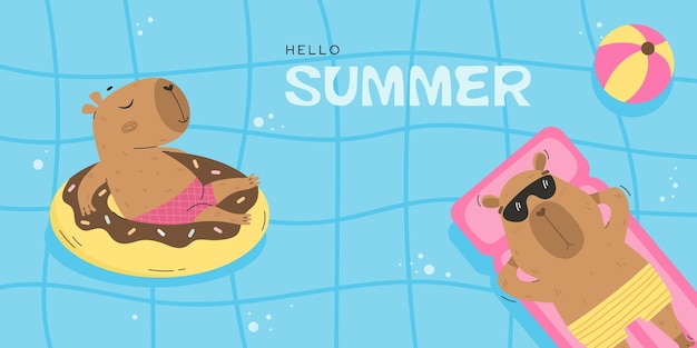 Los capíbaras divertidos flotando en la piscina