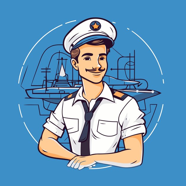 Capitán de marinero con barco en el fondo Ilustración vectorial