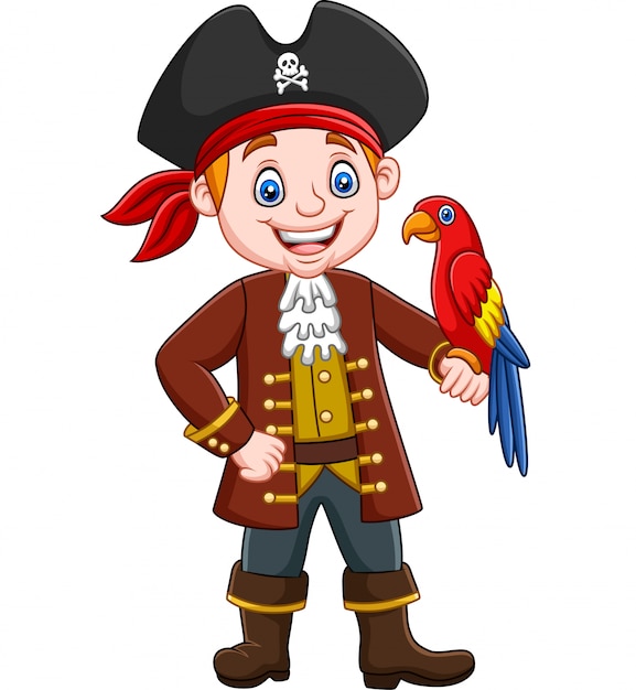 Capitán pirata de dibujos animados con pájaro guacamayo
