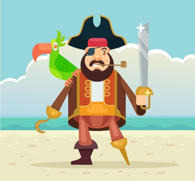 Vector capitán pirata con personaje de loro.