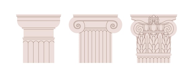 Capiteles de columna de tipo dórico, jónico y corintio. Conjunto de capiteles de los órdenes romano y griego. Estilos de arquitectura antigua. Ilustración de vector plano aislado sobre fondo blanco