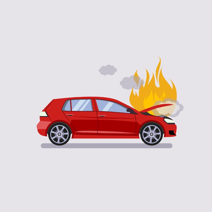 Vector el capó roto del auto rojo está cubierto de fuego y humo. ilustración de vector de estilo plano aislado sobre fondo gris.