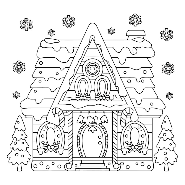 Caprichosa casa cubierta de nieve con decoración festiva de dulces arte de línea invernal