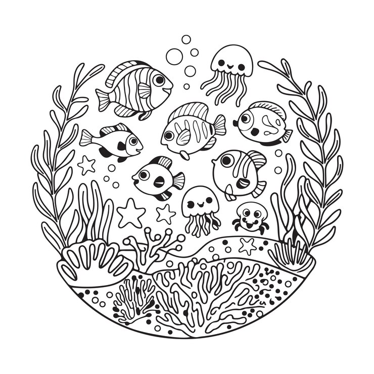 Una caprichosa escena submarina con peces de dibujos animados y criaturas marinas