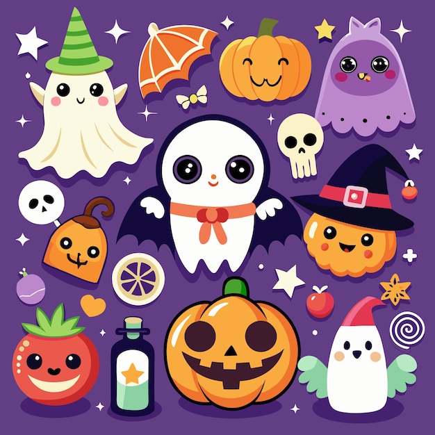 Una caprichosa ilustración de Halloween con encantadores fantasmas, calabazas y otros elementos festivos