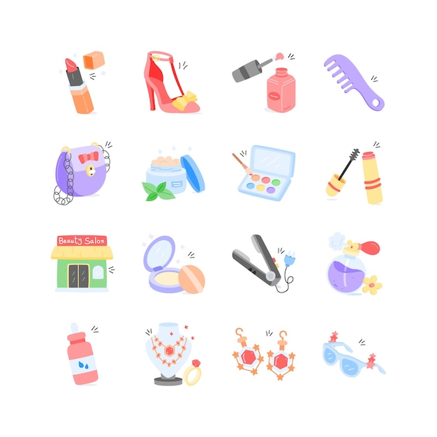 Este caprichoso conjunto de iconos presenta ilustraciones coloridas de productos de belleza, accesorios y herramientas