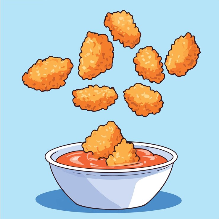 Vector caprichoso nugget de pollo en vuelo con ilustración vectorial de salsa de inmersión