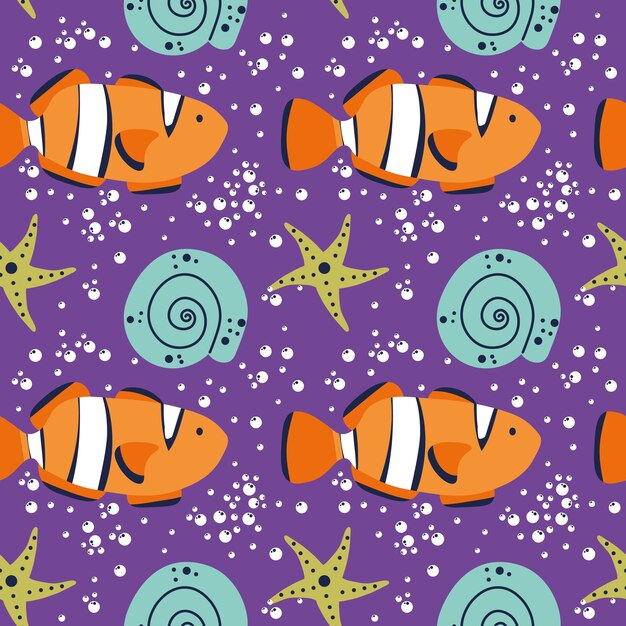 Caprichoso patrón sin costuras sobre fondo púrpura con peces y burbujas Ilustración vectorial EPS Vida marina