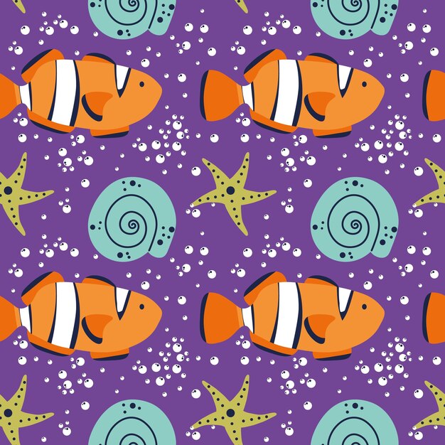 Caprichoso patrón sin costuras sobre fondo púrpura con peces y burbujas ilustración vectorial eps vida marina