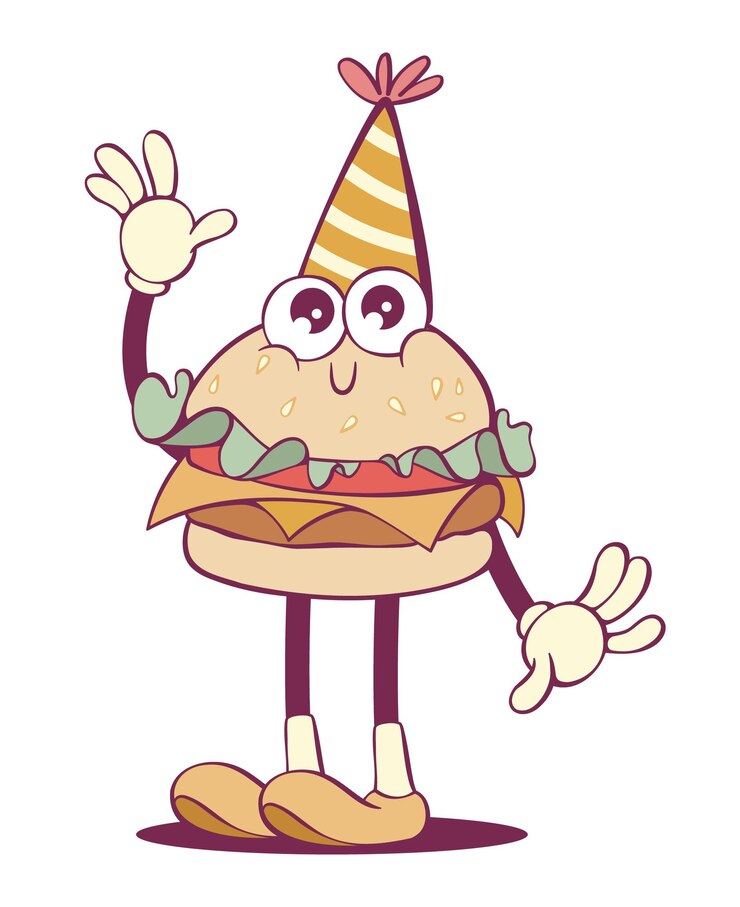 Vector el caprichoso personaje de la hamburguesa de dibujos animados en estilo retro groovy