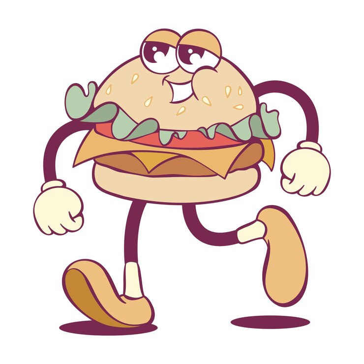 Vector el caprichoso personaje de la hamburguesa de dibujos animados en estilo retro groovy