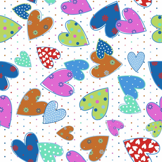 Caprichosos corazones de patchwork con un patrón sin costuras sobre un fondo blanco
