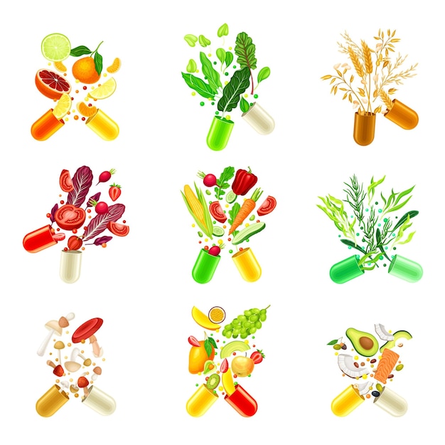 Capsula abierta con cáscara dura con frutas y verduras como vitaminas y suplementos
