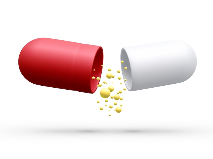 Vector cápsula blanca roja abierta realista 3d con bolas amarillas aisladas sobre fondo blanco píldora de cápsula y moléculas como visualización de datos información de composición química ilustración vectorial