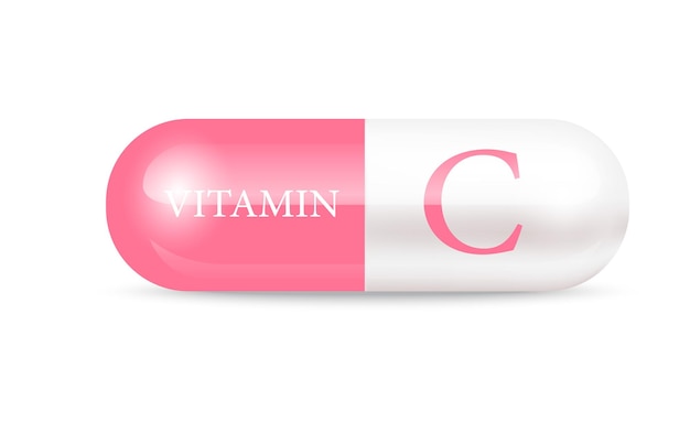 Cápsula estructura de vitamina C rosa y blanco Concepto de belleza Píldora de cápsula transparente para el cuidado personal.