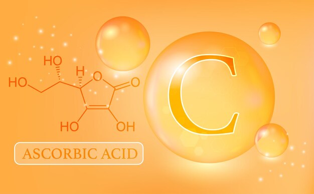 Cápsula de gotas de agua de ácido ascórbico de vitamina C sobre un fondo degradado naranja Complejo vitamínico con fórmula química Afiche médico de información Ilustración vectorial