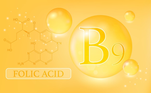 Cápsula de gotas de agua de ácido fólico de vitamina B9 sobre un fondo naranja Complejo vitamínico con fórmula química Póster médico de información Ilustración vectorial