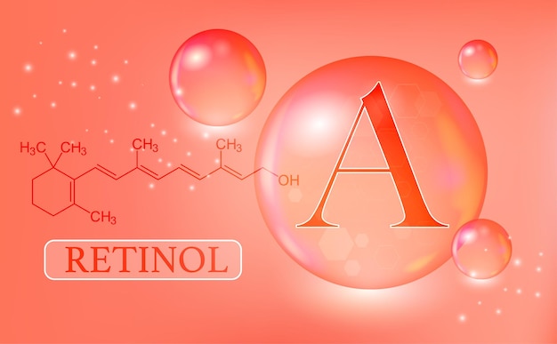 Cápsula de gotas de agua de retinol de vitamina A sobre un fondo degradado rojo Complejo vitamínico con fórmula química Póster médico de información Ilustración vectorial