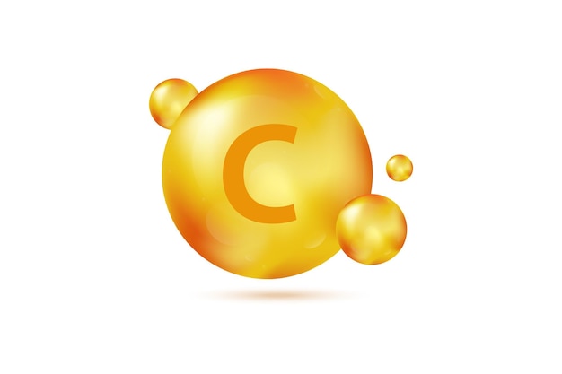 Cápsula de oro de vitamina C Ilustración de vector de cápsula de píldora aislada sobre fondo blanco Nutrición cuidado de la piel Concepto de vector de belleza y salud Cápsula de píldora de gota de vitamina de ácido ascórbico