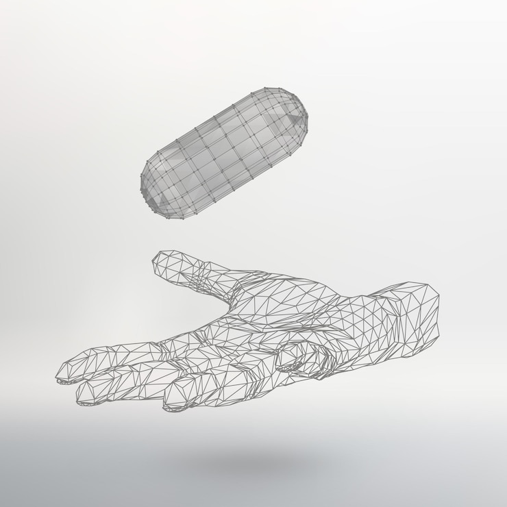 Vector cápsula poligonal en el brazo la mano que sostiene una cápsula poligonal polygon capsul