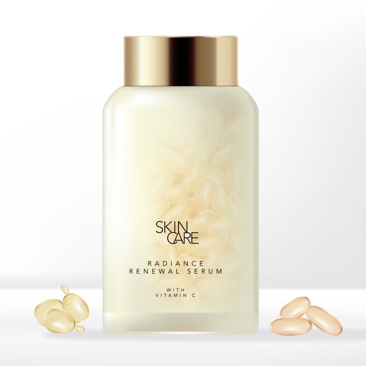 Cápsula de suero o suplemento facial de belleza con tapón de rosca Embalaje de botella esmerilada semitransparente.
