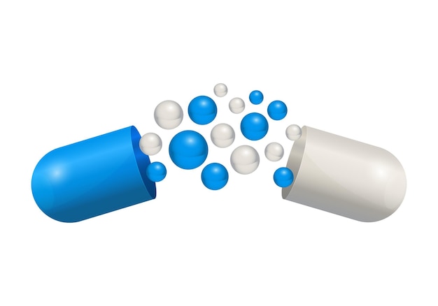 Cápsula de tableta de drogas icono de píldora. Ilustración de Medicina de burbujas azules y blancas