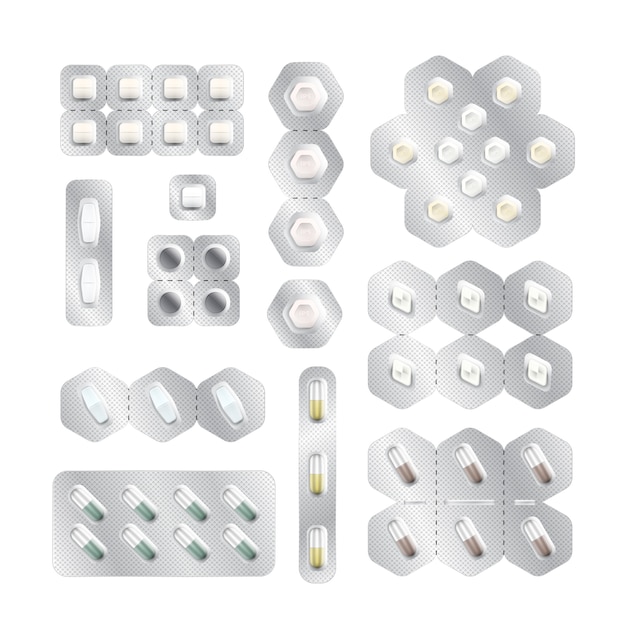 Cápsula de vitamina antibiótica tableta. embalaje realista para medicina