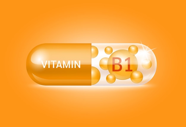 Cápsula vitamina b1 estructura naranja y blanco es transparente y la píldora de vitamina está en el interior.