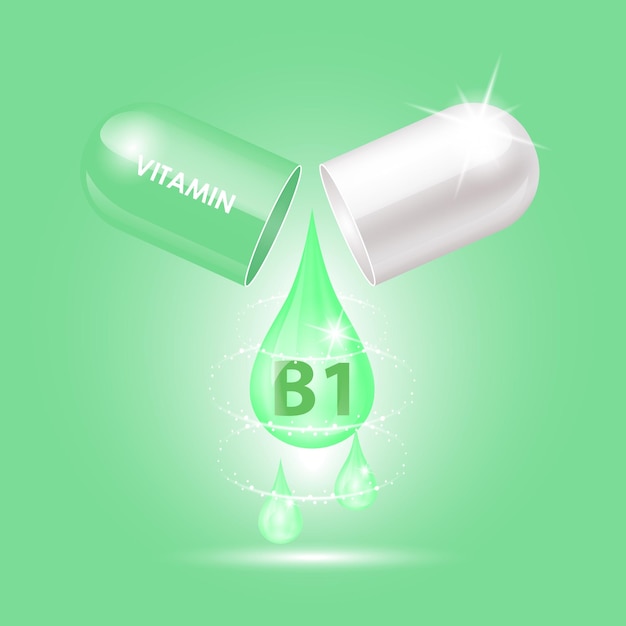 Cápsula vitamina B1 Tiamina estructura verde blanco abierta como gota de agua Cuidado personal belleza.