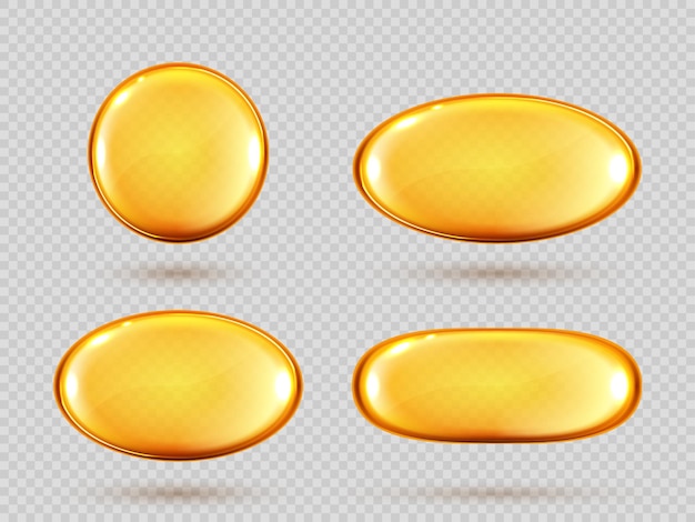 Vector cápsulas de aceite de oro juego de píldoras redondas de vitamina cosméticos omega 3 burbuja dorada gotas de suero o esencia de colágeno aisladas sobre fondo transparente