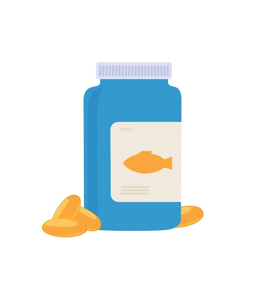 Capsulas de aceite de pescado en una botella Ilustración vectorial aislada en una ilustración de stock de fondo blanco