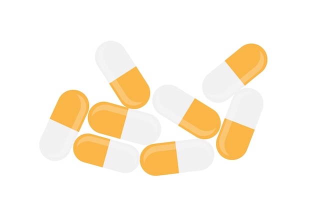 Cápsulas blancas y amarillas con blanco y amarillo en la parte superior.
