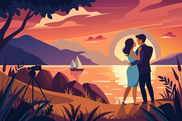 Vector captura los momentos tiernos mientras la pareja se escapa para una sesión de fotos privadas de la puesta de sol