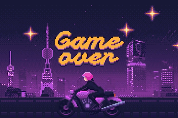 Captura de pantalla del juego con ilustración de motociclista en el fondo de la ciudad nocturna
