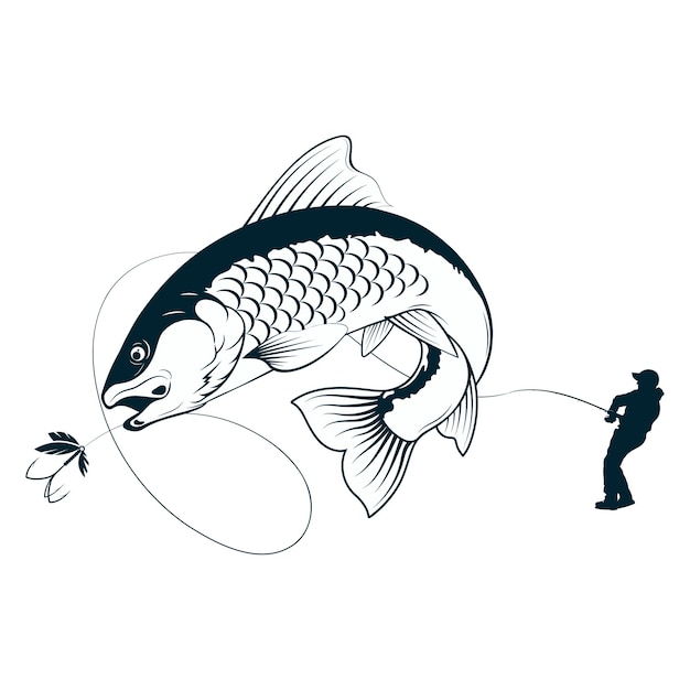 Captura de peces grandes y pescador con caña de pesca Diseño para la pesca y la alimentación de peces