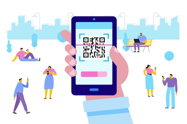Capturar código qr en el teléfono móvil Teléfono de mano con código Qr Ilustración de vector plano