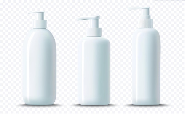 Capture el diseño limpio y minimalista con este conjunto de tres botellas dispensadoras de plástico blanco ideales para mostrar cosméticos desinfectantes o productos para el cuidado de la piel Ilustración vectorial