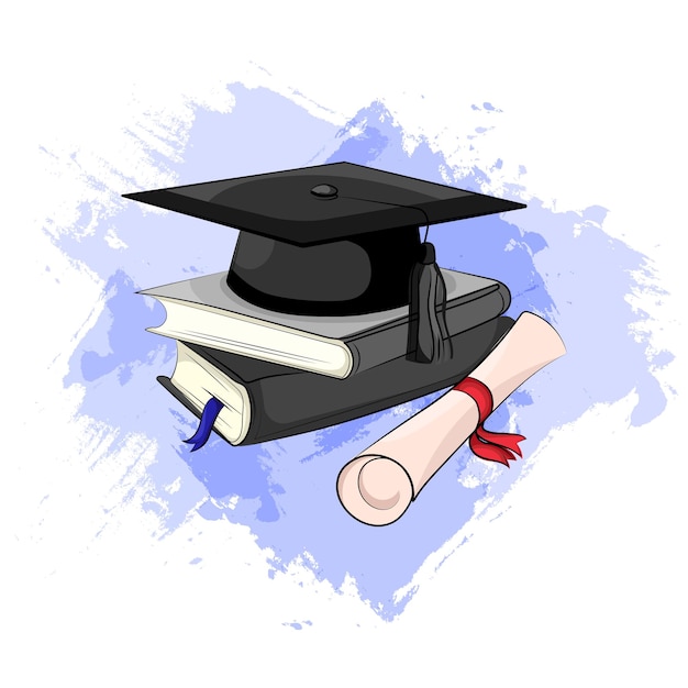 Capucha de graduación con libros e ilustración vectorial del pergamino del diploma