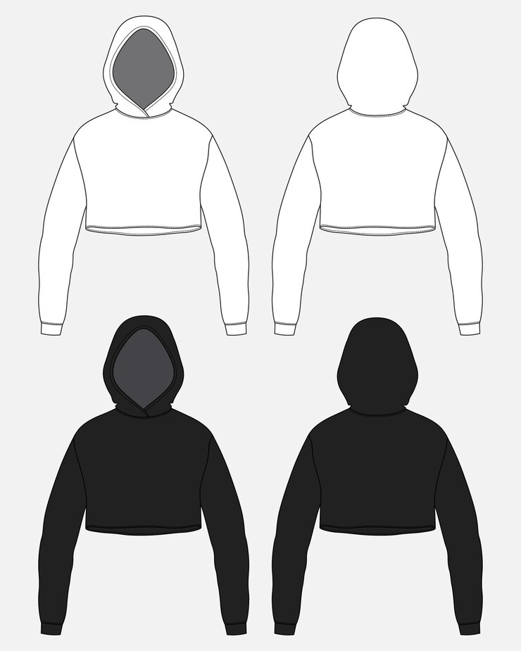 Capucha de manga larga diseño dibujo técnico moda plana plantilla de color blanco y negro para mujeres