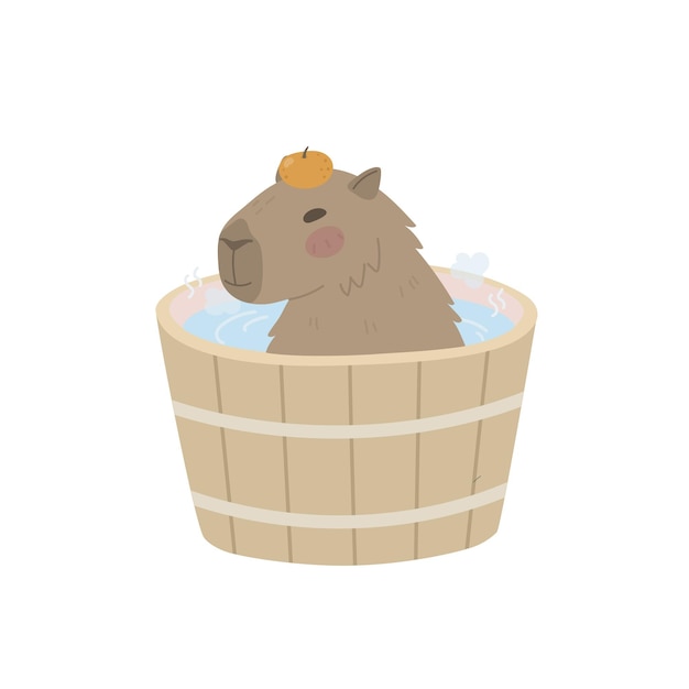 Capybara descansa en la bañera con una naranja
