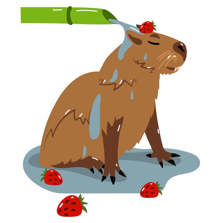 Vector capybara toma una ducha de lluvia de bambú con fresas vector ilustración plana aislada en un blanco