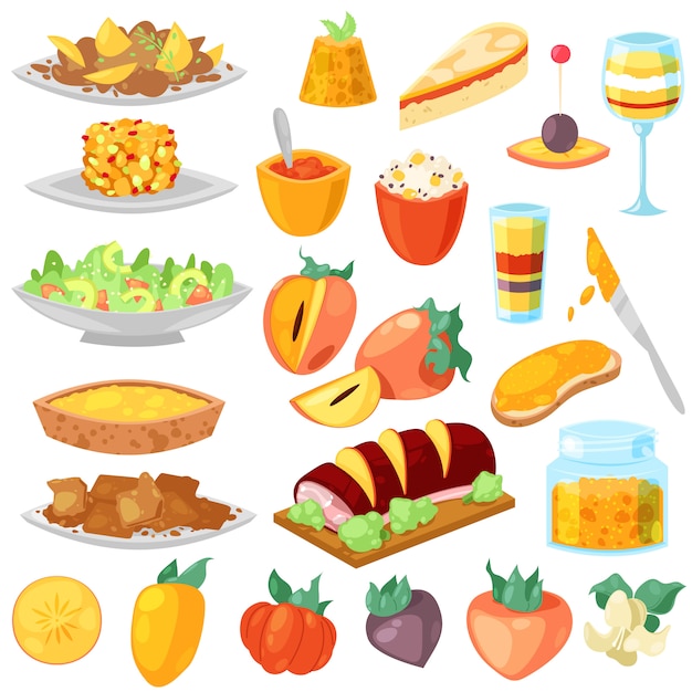 Vector caqui postre de comida con sabor a fruta fresca y fruta dulce del árbol de caqui ilustración conjunto de dieta de nutrición vegetariana sobre fondo blanco.