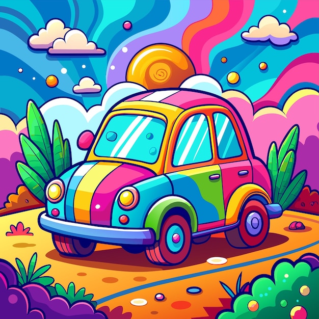 Car camper paisaje de bosque de montaña paisaje dibujado a mano personaje de dibujos animados sticker icono concepto