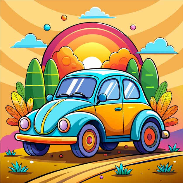 Car camper paisaje de bosque de montaña paisaje dibujado a mano personaje de dibujos animados sticker icono concepto